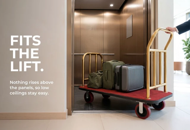Alt view image 7 of 7 - Heavy Duty Hotel Luggage Cart with Wheels, 41" x 25" Red Carpet Platform, Gold Stainless Steel Dual Handles, Commercial Bellman Luggage Trolley with Protective Bumper for Hotels & Resorts