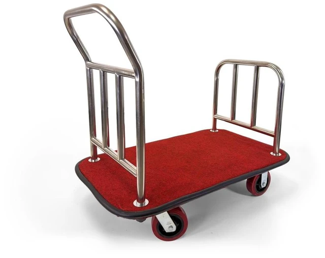 Main image of Heavy Duty Hotel Luggage Cart with Wheels, 41" x 25" Red Carpet Platform, Silver Stainless Steel Dual Handles, Commercial Bellman Luggage Trolley with Protective Bumper for Hotels & Resorts