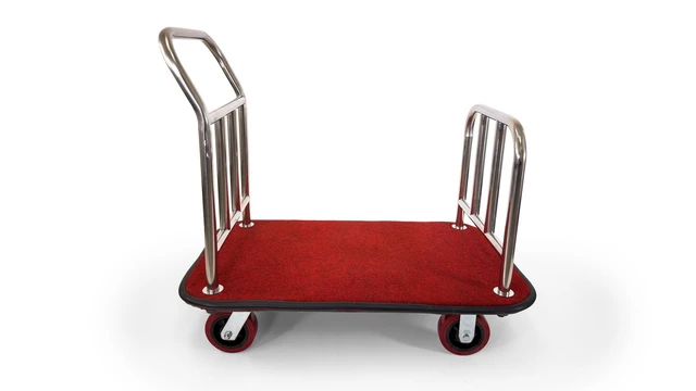 Alt view image 2 of 7 - Heavy Duty Hotel Luggage Cart with Wheels, 41" x 25" Red Carpet Platform, Silver Stainless Steel Dual Handles, Commercial Bellman Luggage Trolley with Protective Bumper for Hotels & Resorts