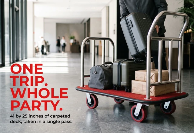 Alt view image 3 of 7 - Heavy Duty Hotel Luggage Cart with Wheels, 41" x 25" Red Carpet Platform, Silver Stainless Steel Dual Handles, Commercial Bellman Luggage Trolley with Protective Bumper for Hotels & Resorts