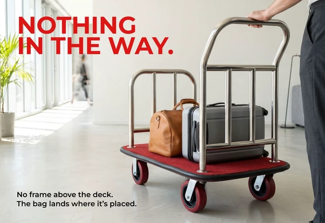 Alt view image 4 of 7 - Heavy Duty Hotel Luggage Cart with Wheels, 41" x 25" Red Carpet Platform, Silver Stainless Steel Dual Handles, Commercial Bellman Luggage Trolley with Protective Bumper for Hotels & Resorts