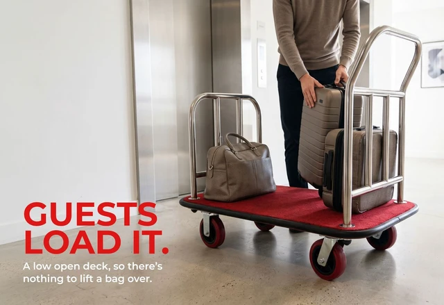 Alt view image 6 of 7 - Heavy Duty Hotel Luggage Cart with Wheels, 41" x 25" Red Carpet Platform, Silver Stainless Steel Dual Handles, Commercial Bellman Luggage Trolley with Protective Bumper for Hotels & Resorts