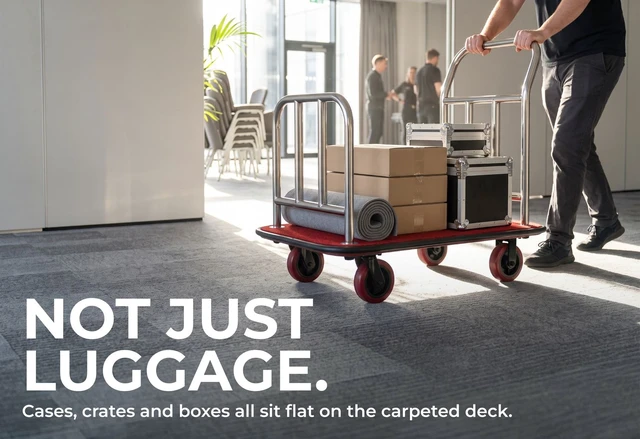 Alt view image 7 of 7 - Heavy Duty Hotel Luggage Cart with Wheels, 41" x 25" Red Carpet Platform, Silver Stainless Steel Dual Handles, Commercial Bellman Luggage Trolley with Protective Bumper for Hotels & Resorts