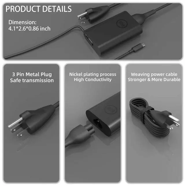 Alt view image 12 of 14 - 65W 45 Watt AC Adapter Compatible with Dell Laptop Charger USB C Computer Latitude 5420 7420 5540 5440 3540 7440 5450 5430 5520 5530 7430 E5430 E5440,XPS 13 Type C Power Cord