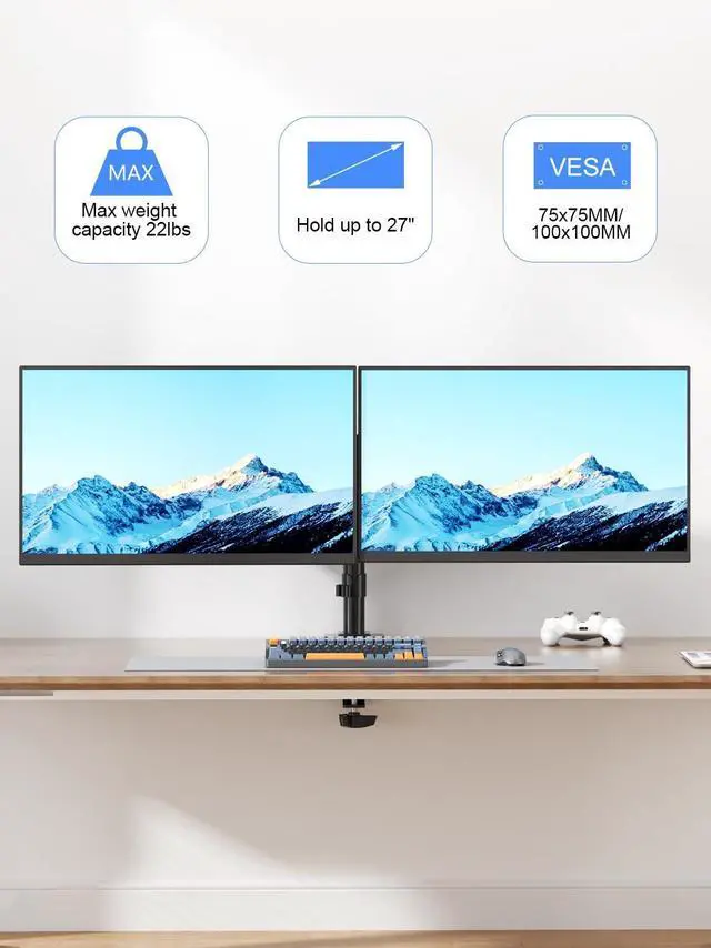 Alt view image 9 of 14 - Dual Monitor Desk Mount, Adjustable Dual Monitor Arm for 2 Computer Screens up to 27 inch, Dual Gas Spring Monitor Arm, Holds up to 22 lbs Each, VESA 75x75/100x100 mm, Black (MD9442)