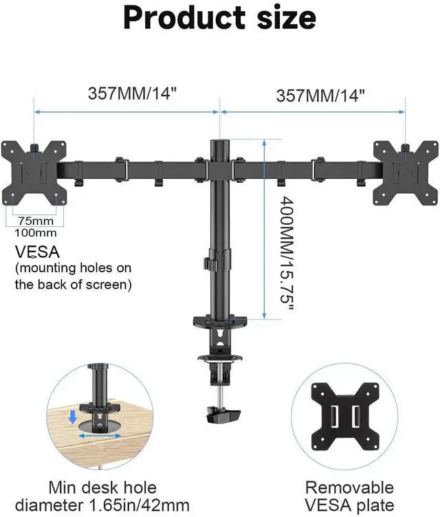Alt view image 10 of 14 - Dual Monitor Desk Mount, Adjustable Dual Monitor Arm for 2 Computer Screens up to 27 inch, Dual Gas Spring Monitor Arm, Holds up to 22 lbs Each, VESA 75x75/100x100 mm, Black (MD9442)