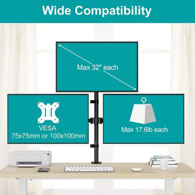 Alt view image 9 of 14 - Triple Monitor Mount, Monitor Desk Mount for 3 Screens up to 32 inch, 17.6 lbs Each, Fully Adjustable Stacked Computer Stand, Table VESA Mounting, C clamp/Grommet Base
