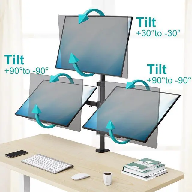 Alt view image 14 of 14 - Triple Monitor Mount, Monitor Desk Mount for 3 Screens up to 32 inch, 17.6 lbs Each, Fully Adjustable Stacked Computer Stand, Table VESA Mounting, C clamp/Grommet Base