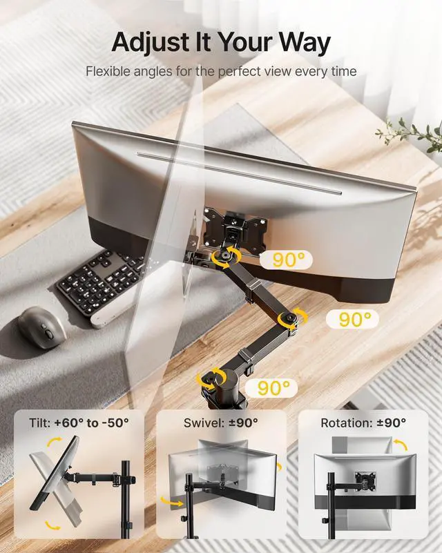 Alt view image 10 of 14 - Extra-Long Single Monitor Mount for 17-32 inches Screen, Fully Adjustable Articulating Desk Monitor Stand up to 22lbs Capacity, Computer Mount with C Clamp and Grommet Base, Max VESA 100x100mm