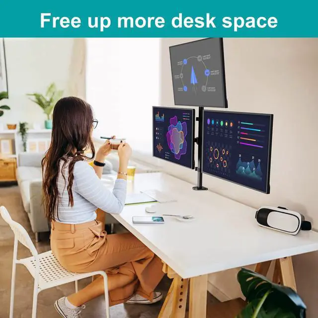 Alt view image 12 of 14 - Triple Monitor Mount, Monitor Desk Mount for 3 Screens up to 32 inch, 17.6 lbs Each, Fully Adjustable Stacked Computer Stand, Table VESA Mounting, C clamp/Grommet Base