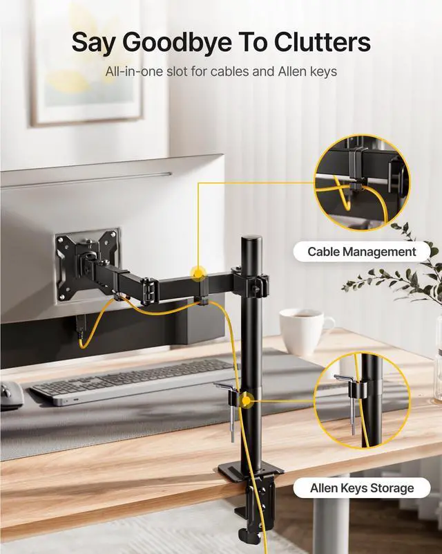 Alt view image 11 of 14 - Extra-Long Single Monitor Mount for 17-32 inches Screen, Fully Adjustable Articulating Desk Monitor Stand up to 22lbs Capacity, Computer Mount with C Clamp and Grommet Base, Max VESA 100x100mm