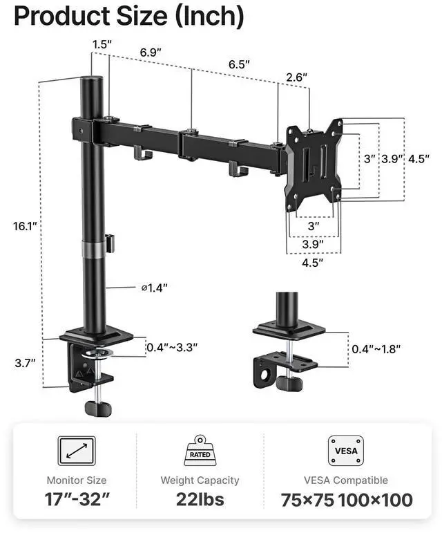 Alt view image 12 of 14 - Extra-Long Single Monitor Mount for 17-32 inches Screen, Fully Adjustable Articulating Desk Monitor Stand up to 22lbs Capacity, Computer Mount with C Clamp and Grommet Base, Max VESA 100x100mm