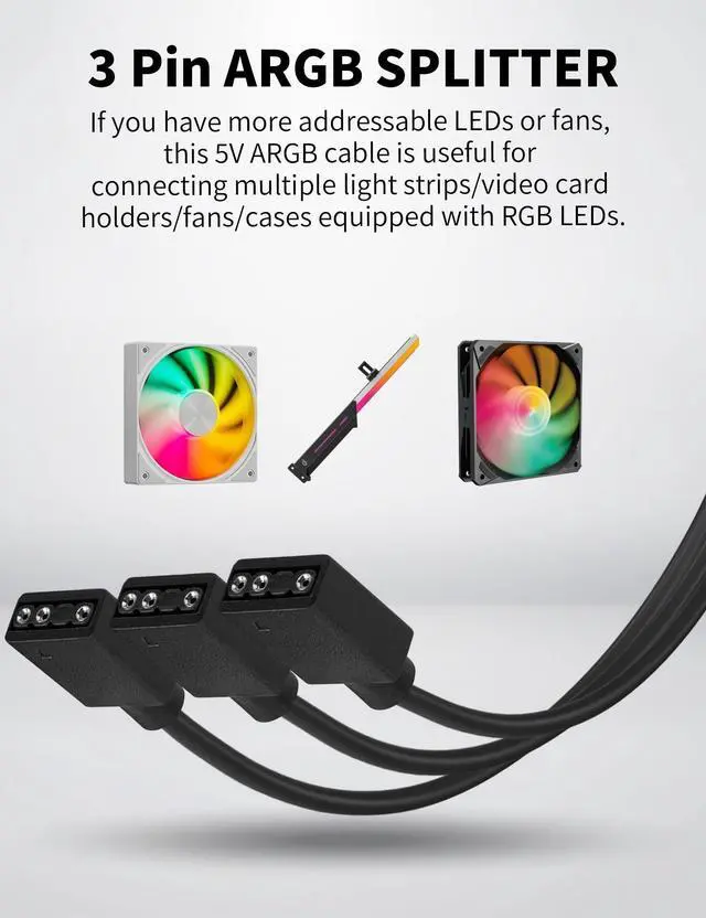 Alt view image 10 of 14 - 1-to-3 ARGB Splitter Cable, ARGB Cable, 5V 3 Pin Addressable RGB Extension Cable ARGB LED Sync Cable for Computer Chassis CPU Cooler and 5V ARGB Fan (2 Pack)