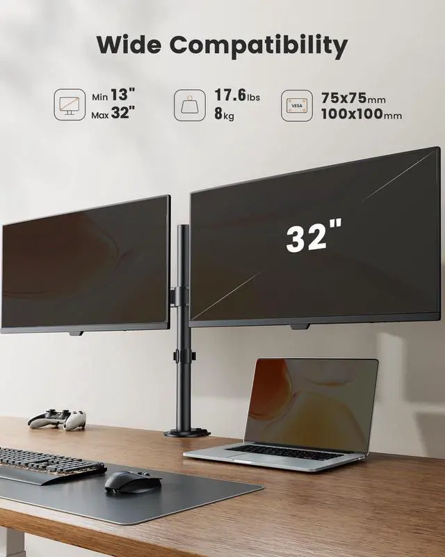 Alt view image 9 of 14 - Dual Monitor Stand, Heavy Duty Adjustable Monitor Desk Mount for 2 Screens up to 32 Inches, Fully Adjustable Height, Tilt, Swivel, Rotate, Supports 17.6 lbs per Monitor Arm, Easy Installation