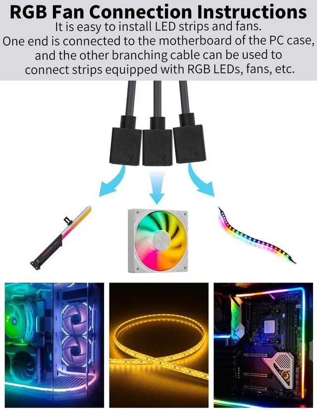Alt view image 12 of 14 - 1-to-3 ARGB Splitter Cable, ARGB Cable, 5V 3 Pin Addressable RGB Extension Cable ARGB LED Sync Cable for Computer Chassis CPU Cooler and 5V ARGB Fan (2 Pack)
