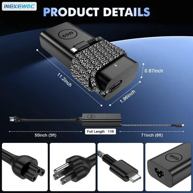 Alt view image 9 of 14 - 65W Laptop Charger USB C - Compatible with Dell Latitude 5420 5520 7420 7430 5430 5530 5540 5440 5450 5550 and Inspiron 14 16 XPS 13, Computer Type C AC Adapter Power Supply Cord
