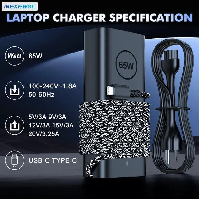 Alt view image 11 of 14 - 65W Laptop Charger USB C - Compatible with Dell Latitude 5420 5520 7420 7430 5430 5530 5540 5440 5450 5550 and Inspiron 14 16 XPS 13, Computer Type C AC Adapter Power Supply Cord