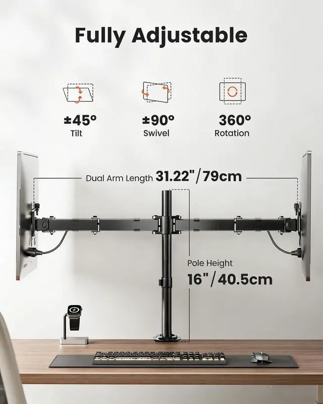 Alt view image 11 of 14 - Dual Monitor Stand, Heavy Duty Adjustable Monitor Desk Mount for 2 Screens up to 32 Inches, Fully Adjustable Height, Tilt, Swivel, Rotate, Supports 17.6 lbs per Monitor Arm, Easy Installation