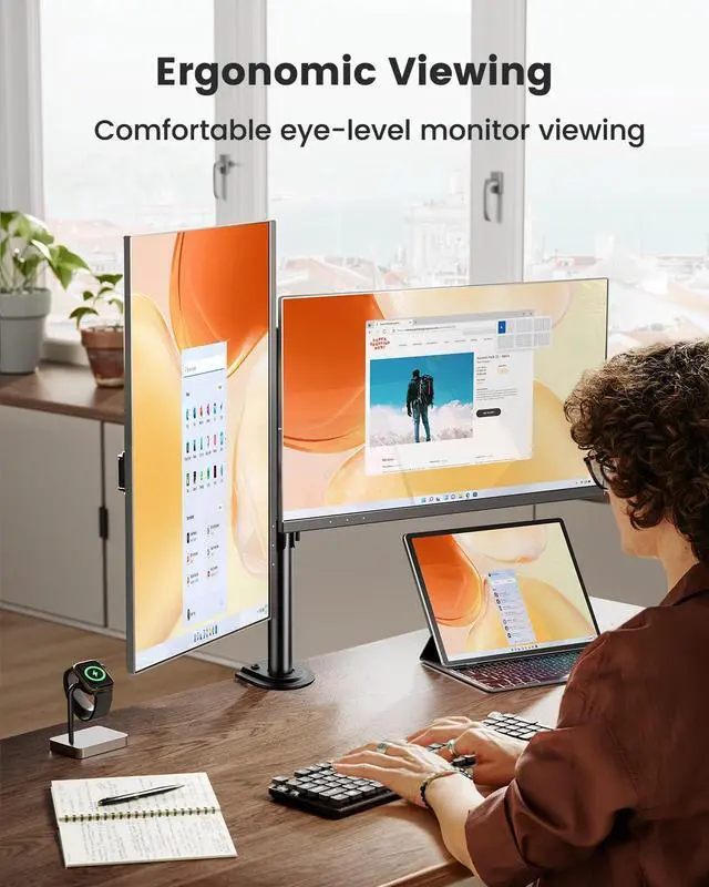 Alt view image 14 of 14 - Dual Monitor Stand, Heavy Duty Adjustable Monitor Desk Mount for 2 Screens up to 32 Inches, Fully Adjustable Height, Tilt, Swivel, Rotate, Supports 17.6 lbs per Monitor Arm, Easy Installation