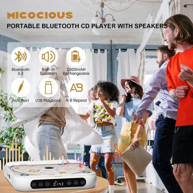 Alt view image 9 of 14 - Portable CD Player, Personal CD Player with Bluetooth for Home, Rechargeable Small CD Player with Headphones,Built-in HiFi Speakers, Support CD/AUX/USB, Anti-Skip/Shockproof