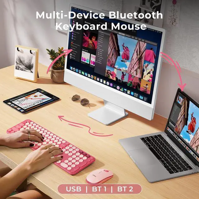 Alt view image 9 of 14 - Wireless Bluetooth Keyboard and Mouse Combo, COE202 Retro Cute Round Keycaps, 3 Multi-Device Connection, Full Size Keyboard Compatible for PC/Laptop/Mac/MacBook/iPad/Tablet, Pink