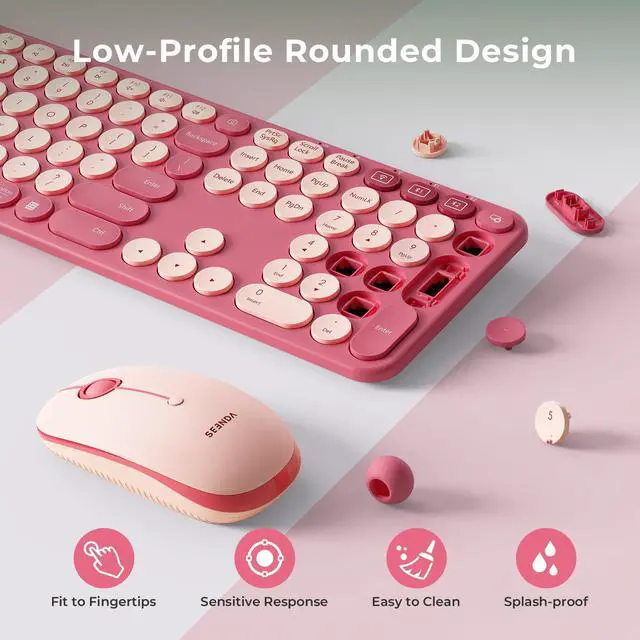Alt view image 10 of 14 - Wireless Bluetooth Keyboard and Mouse Combo, COE202 Retro Cute Round Keycaps, 3 Multi-Device Connection, Full Size Keyboard Compatible for PC/Laptop/Mac/MacBook/iPad/Tablet, Pink