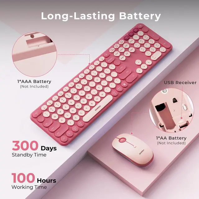 Alt view image 12 of 14 - Wireless Bluetooth Keyboard and Mouse Combo, COE202 Retro Cute Round Keycaps, 3 Multi-Device Connection, Full Size Keyboard Compatible for PC/Laptop/Mac/MacBook/iPad/Tablet, Pink