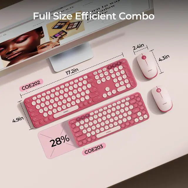 Alt view image 13 of 14 - Wireless Bluetooth Keyboard and Mouse Combo, COE202 Retro Cute Round Keycaps, 3 Multi-Device Connection, Full Size Keyboard Compatible for PC/Laptop/Mac/MacBook/iPad/Tablet, Pink