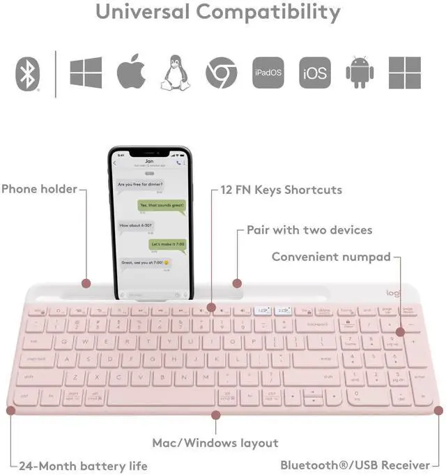 Alt view image 14 of 14 - K585 Multi-Device Slim Wireless Keyboard, Built-in Cradle for Device; for Laptop, Tablet, Desktop, Smartphone, Win/Mac, Bluetooth/Receiver, Compact, Easy Switch, 24 Month Battery - Rose
