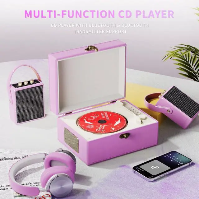 Alt view image 10 of 14 - Rechargeable Leather CD Player with Speakers; Bluetooth Transmitter; Festival Gift; BGM Player for Home Décor (Purple)