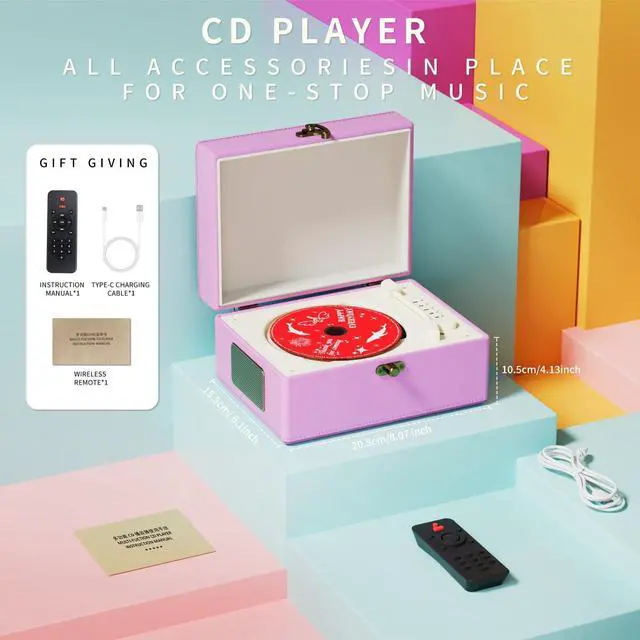 Alt view image 11 of 14 - Rechargeable Leather CD Player with Speakers; Bluetooth Transmitter; Festival Gift; BGM Player for Home Décor (Purple)