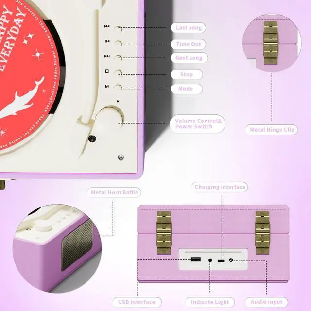 Alt view image 12 of 14 - Rechargeable Leather CD Player with Speakers; Bluetooth Transmitter; Festival Gift; BGM Player for Home Décor (Purple)