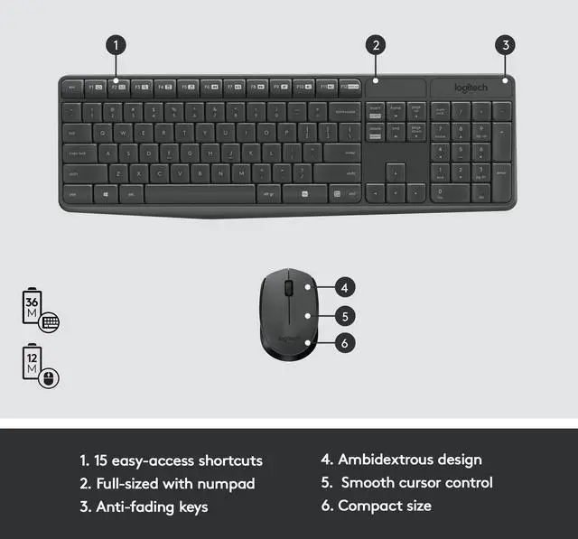 Alt view image 13 of 14 - MK235 Wireless Keyboard and Mouse Combo for Windows, 2.4 GHz Wireless Unifying USB Receiver, 15 FN Keys, Long Battery Life, Compatible with PC, Laptop