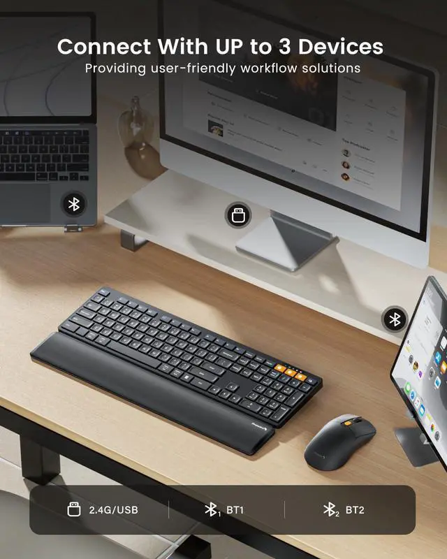 Alt view image 10 of 14 - Wireless Bluetooth Keyboard and Mouse Combo, KM60 Multi Device Rechargeable Ergonomic Full Size Keyboard Mouse with Wrist Rest Sleek Design for Laptop, Computer, Mac, MacBook, Windows, Black