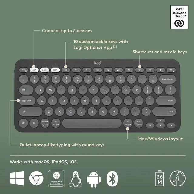 Alt view image 13 of 14 - Pebble Keys 2 K380s, Multi-Device Bluetooth Wireless Keyboard with Customizable Shortcuts, Slim and Portable, Easy-Switch for Windows, macOS, iPadOS, Android, Chrome OS - Tonal Graphite