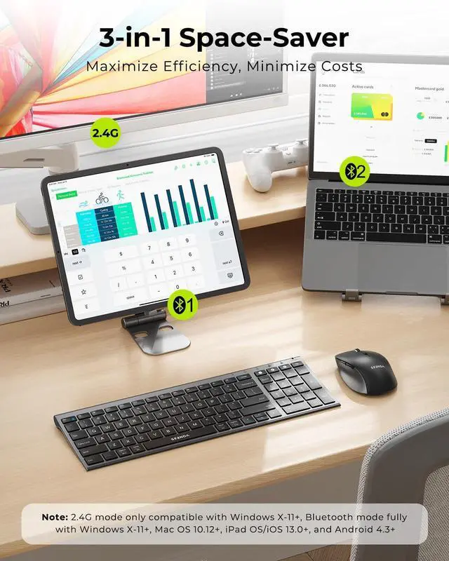 Alt view image 9 of 14 - Wireless Bluetooth Keyboard and Mouse Combo, COE401 Rechargeable Slim Keyboard Mouse, 3 Multi-Device Connection, Compact Quiet Set Compatible for Mac/Windows Laptop MacBook iPad, Black Gray