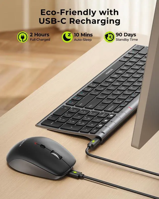 Alt view image 11 of 14 - Wireless Bluetooth Keyboard and Mouse Combo, COE401 Rechargeable Slim Keyboard Mouse, 3 Multi-Device Connection, Compact Quiet Set Compatible for Mac/Windows Laptop MacBook iPad, Black Gray