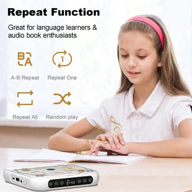 Alt view image 14 of 14 - Portable CD Player, Personal CD Player with Bluetooth for Home, Rechargeable Small CD Player with Headphones,Built-in HiFi Speakers, Support CD/AUX/USB, Anti-Skip/Shockproof