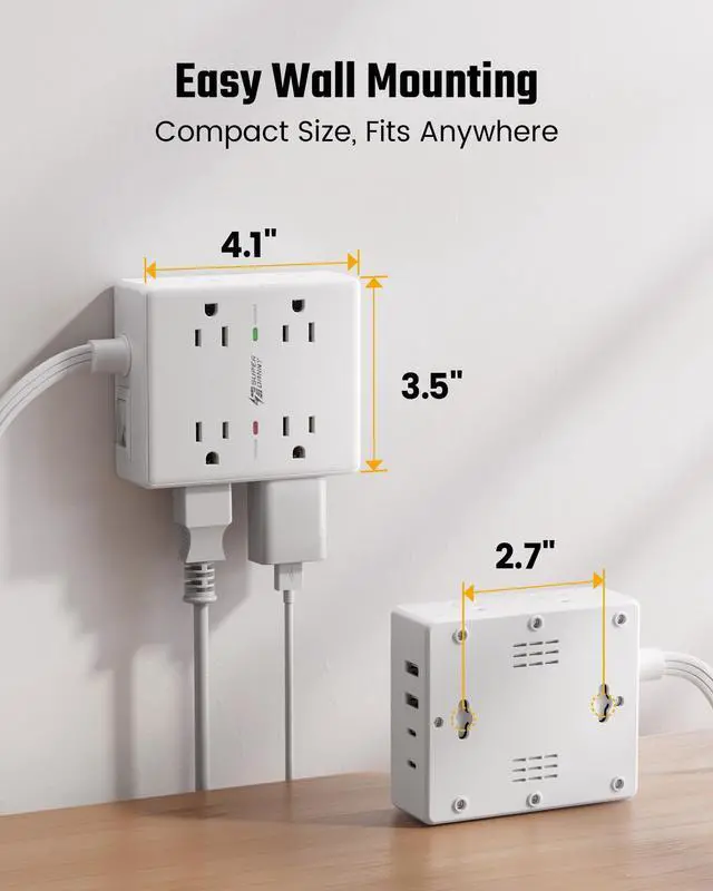 Alt view image 14 of 14 - 10Ft Extension Cord with Multiple Outlets, Flat Plug Surge Protector Power Strip 10 Ft Long Cord, 8 Outlets & 4 USB Ports (2 USB C), Desk Charging Station for Home Office, College Dorm Room Essentials