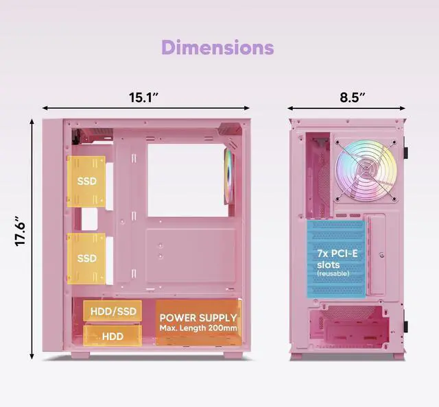 Alt view image 11 of 14 - AL800 Mid Tower ATX PC Computer Case - Door Opening Design Tempered Glass, Adjustable LED Strip, Pre-Installed ARGB & PWM FDB Fan in Rear, Support for 50 Series GPUs - Pink