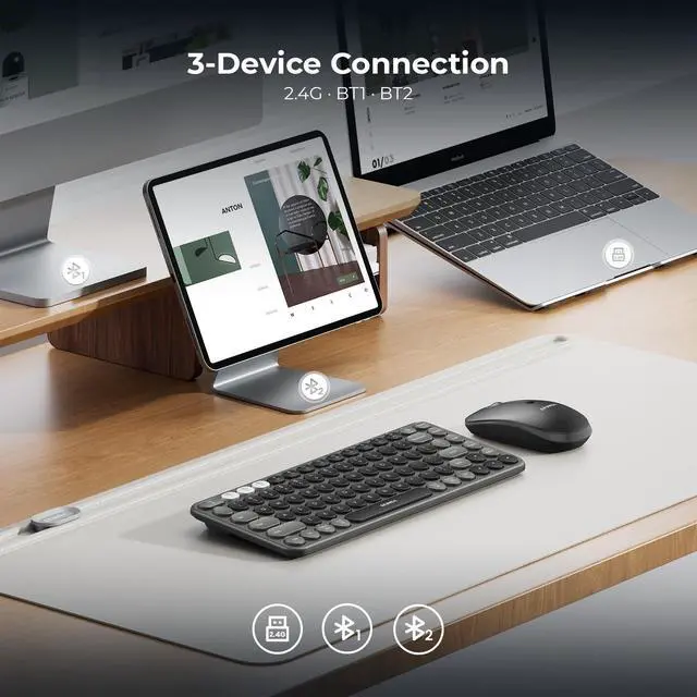 Alt view image 9 of 14 - Bluetooth Wireless Keyboard and Mouse Combo, COE203 Quiet Round Keycaps, 3-Device Multi-Connection, Bluetooth & 2.4G USB Receiver, Wide Compatibility with iPad/Tablet/Laptop/Mac/Windows, Black