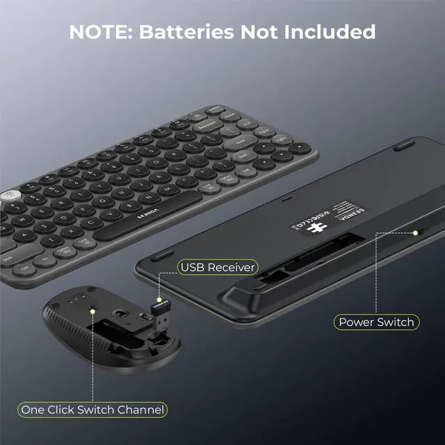 Alt view image 13 of 14 - Bluetooth Wireless Keyboard and Mouse Combo, COE203 Quiet Round Keycaps, 3-Device Multi-Connection, Bluetooth & 2.4G USB Receiver, Wide Compatibility with iPad/Tablet/Laptop/Mac/Windows, Black