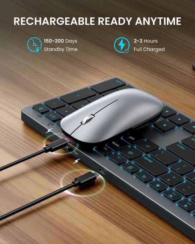 Alt view image 12 of 14 - Bluetooth Keyboard and Mouse for Mac 7-Color Backlit, Multi-Device, Rechargeable, KMA1pro Full-Size Wireless Keyboard Mouse Combo with Quiet Scissor-Switch Keys for Mac (Space Gray)