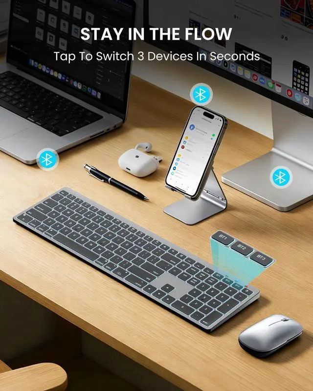 Alt view image 10 of 14 - Bluetooth Keyboard and Mouse for Mac 7-Color Backlit, Multi-Device, Rechargeable, KMA1pro Full-Size Wireless Keyboard Mouse Combo with Quiet Scissor-Switch Keys for Mac (Space Gray)