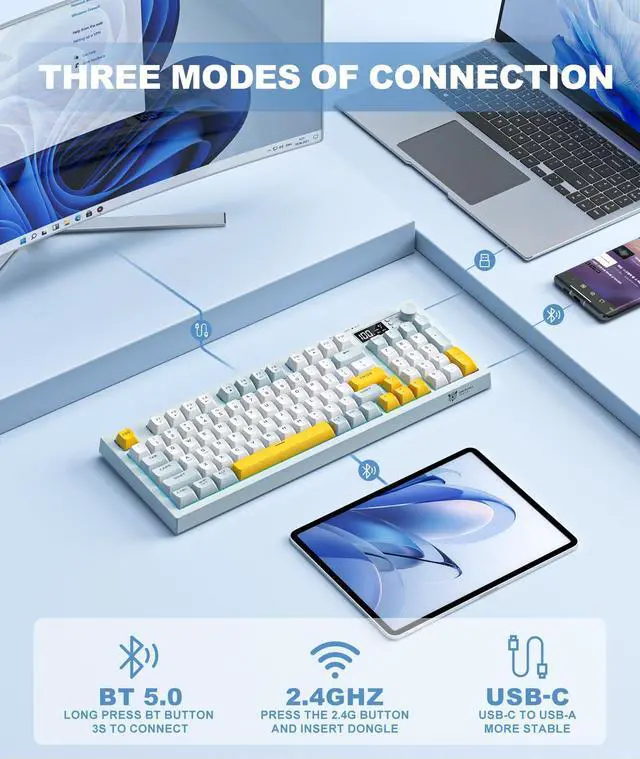 Alt view image 9 of 14 - Tri-Mode Wireless Keyboard, BT/2.4G/Wired, Silent Membrane, RGB Backlit, Display Screen & Multimedia Knob, 94 Keys PBT Keycaps for PC Home Gaming Office Use