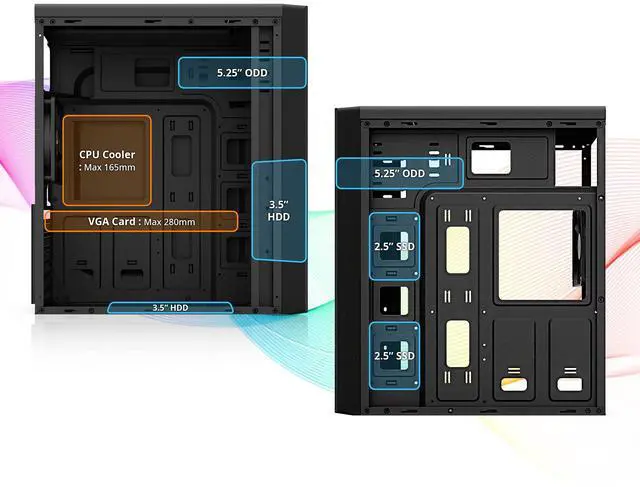 Alt view image 11 of 14 - T6 ATX Mid Tower Computer PC Case, Pre-Installed 120mm Fan, 5.25 ODD, USB 3.0, Patterned Mesh Design, mATX ITX for Gaming Workstation, Black