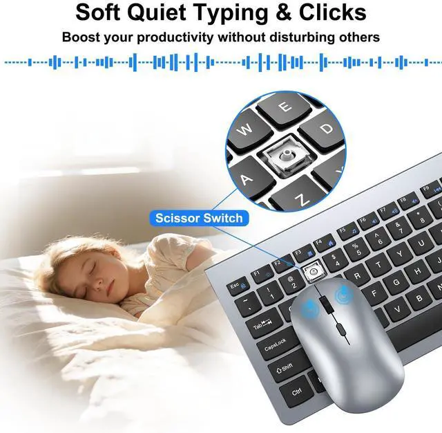 Alt view image 9 of 14 - Wireless Keyboard and Mouse Combo - Ultra-Slim Design Full Size Quiet Keyboard with 3 DPI Adjustable Wireless Mouse,Sleep Mode,2.4G Cordless Thin Keyboard Mouse Set for Windows,Mac,Laptop
