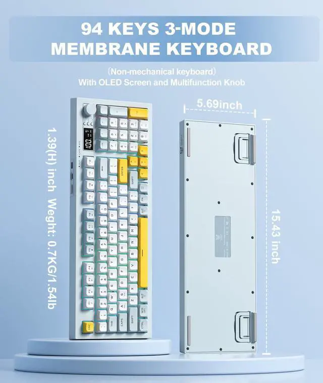 Alt view image 10 of 14 - Tri-Mode Wireless Keyboard, BT/2.4G/Wired, Silent Membrane, RGB Backlit, Display Screen & Multimedia Knob, 94 Keys PBT Keycaps for PC Home Gaming Office Use