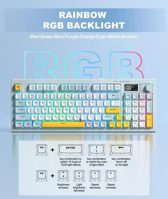 Alt view image 12 of 14 - Tri-Mode Wireless Keyboard, BT/2.4G/Wired, Silent Membrane, RGB Backlit, Display Screen & Multimedia Knob, 94 Keys PBT Keycaps for PC Home Gaming Office Use