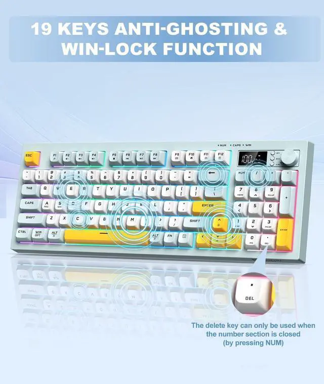 Alt view image 13 of 14 - Tri-Mode Wireless Keyboard, BT/2.4G/Wired, Silent Membrane, RGB Backlit, Display Screen & Multimedia Knob, 94 Keys PBT Keycaps for PC Home Gaming Office Use